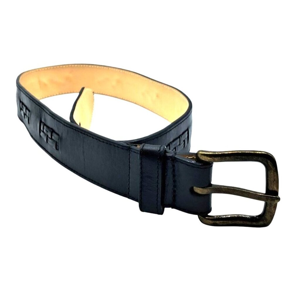 Orvis Black Leather Belt Unisex Size 29 Vintage Basket Weave Design Brass Buckle